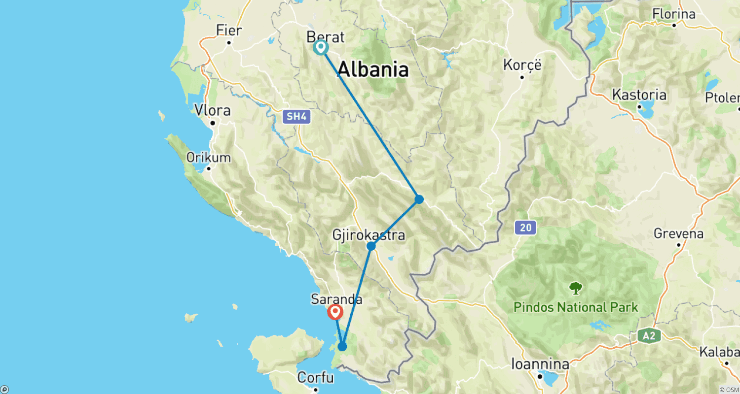 Tirana to Saranda Private Tour by 4x4 - 5 Daysのルートマップ