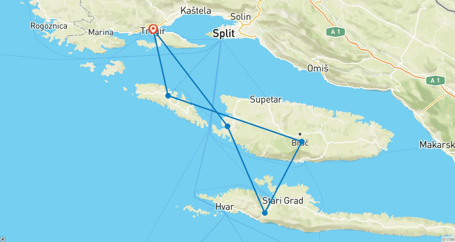 Mapa do percurso de Navegue pela Croácia! As Ilhas Dálmatas em Catamarãs de Luxo