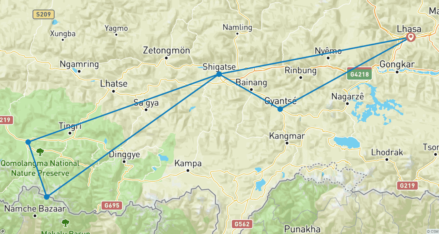 خريطة مسار 8 Days Tibet Small Group Tour: Lhasa to Mt. Everest Base Camp
