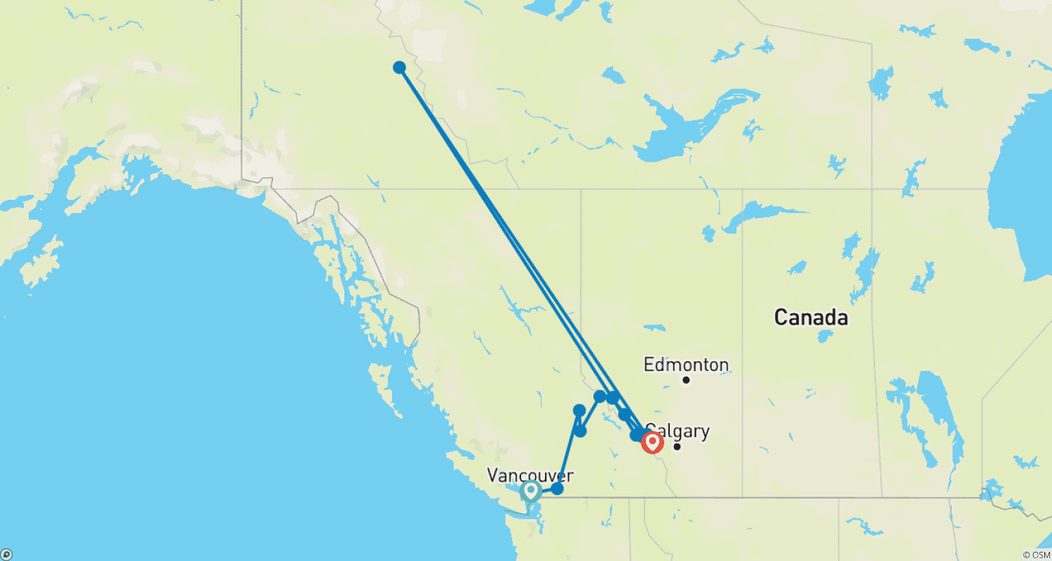 خريطة مسار جولة روكيز لمدة 5 أيام من Vancouver إلى Calgary: Banff وJasper والبحيرات الأيقونية
