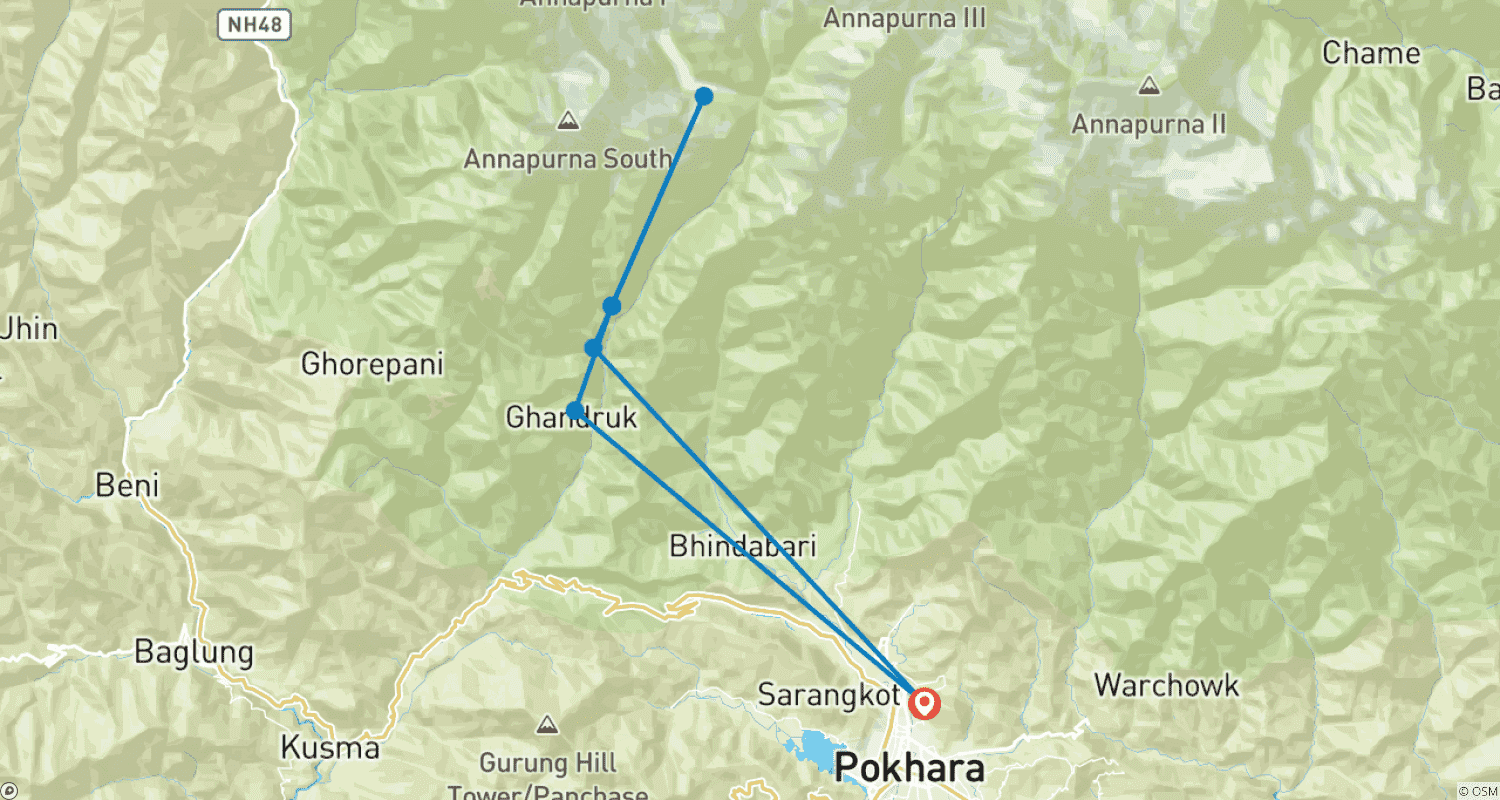 Mapa trasy: Krótki trekking do bazy Annapurna (Annapurna Base Camp)
