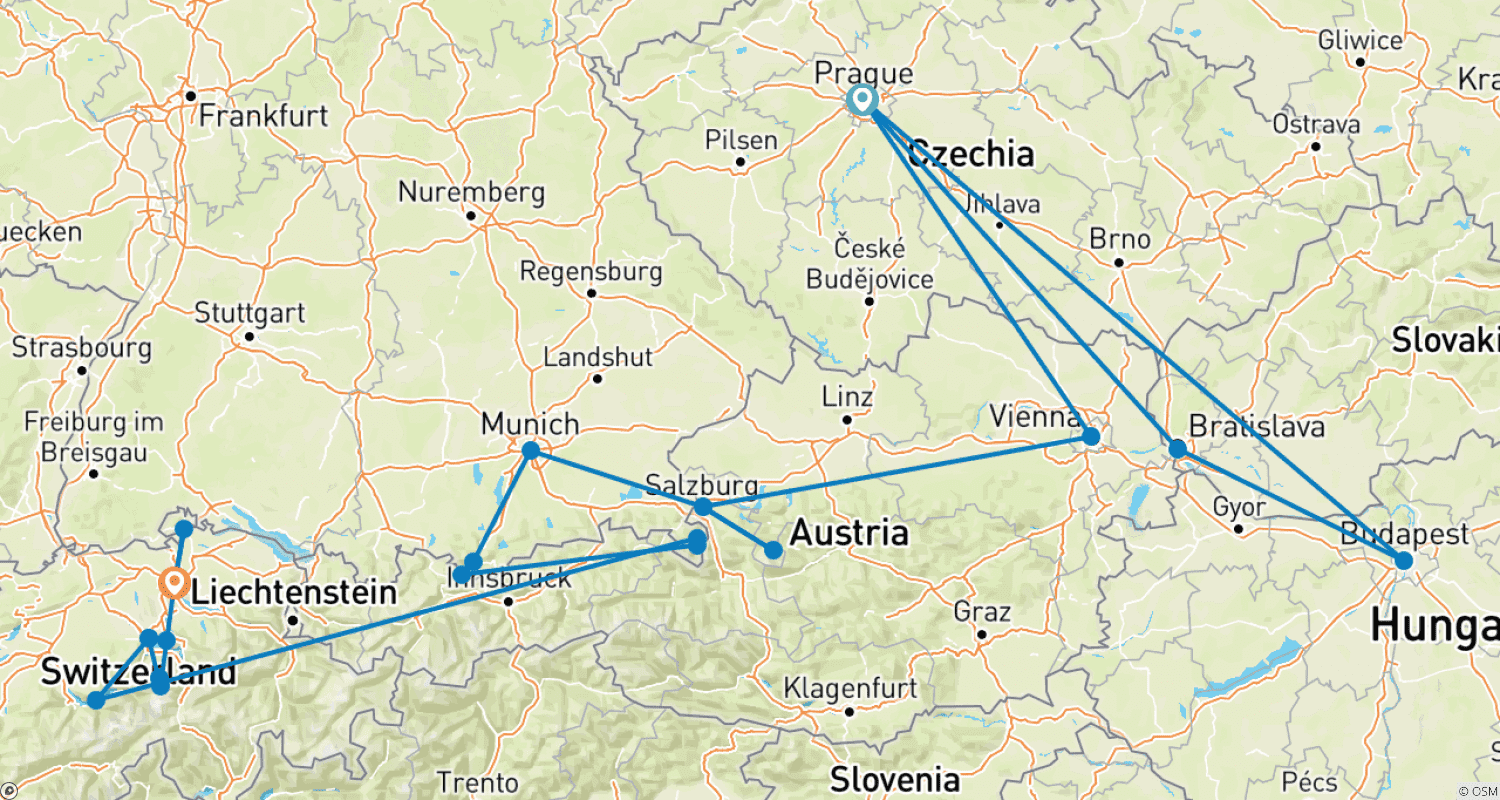 خريطة مسار Grand Tour of Europe: Central Europe and the Alps
