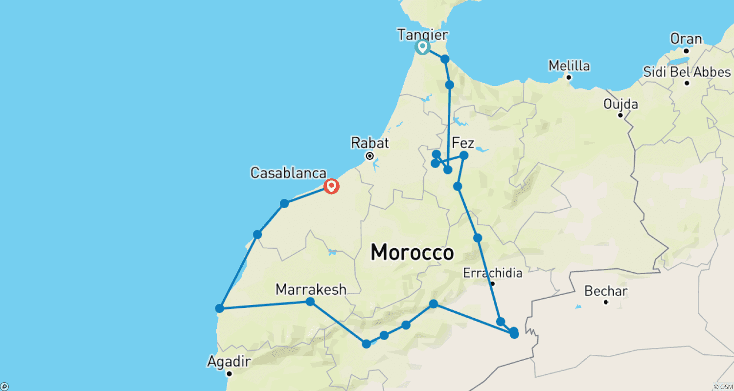 خريطة مسار جولة خاصة في المغرب لمدة 14 يومًا من طنجة إلى الدار البيضاء-شفشاون، فاس، عبر الصحراء