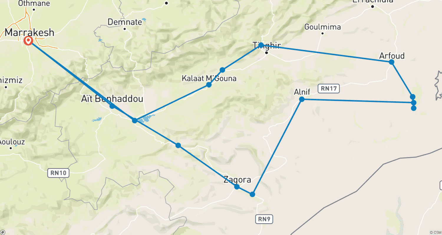 Mapa do percurso de De Marraquexe: Excursão Privada de 5 Dias ao Deserto de Zagora e Merzouga