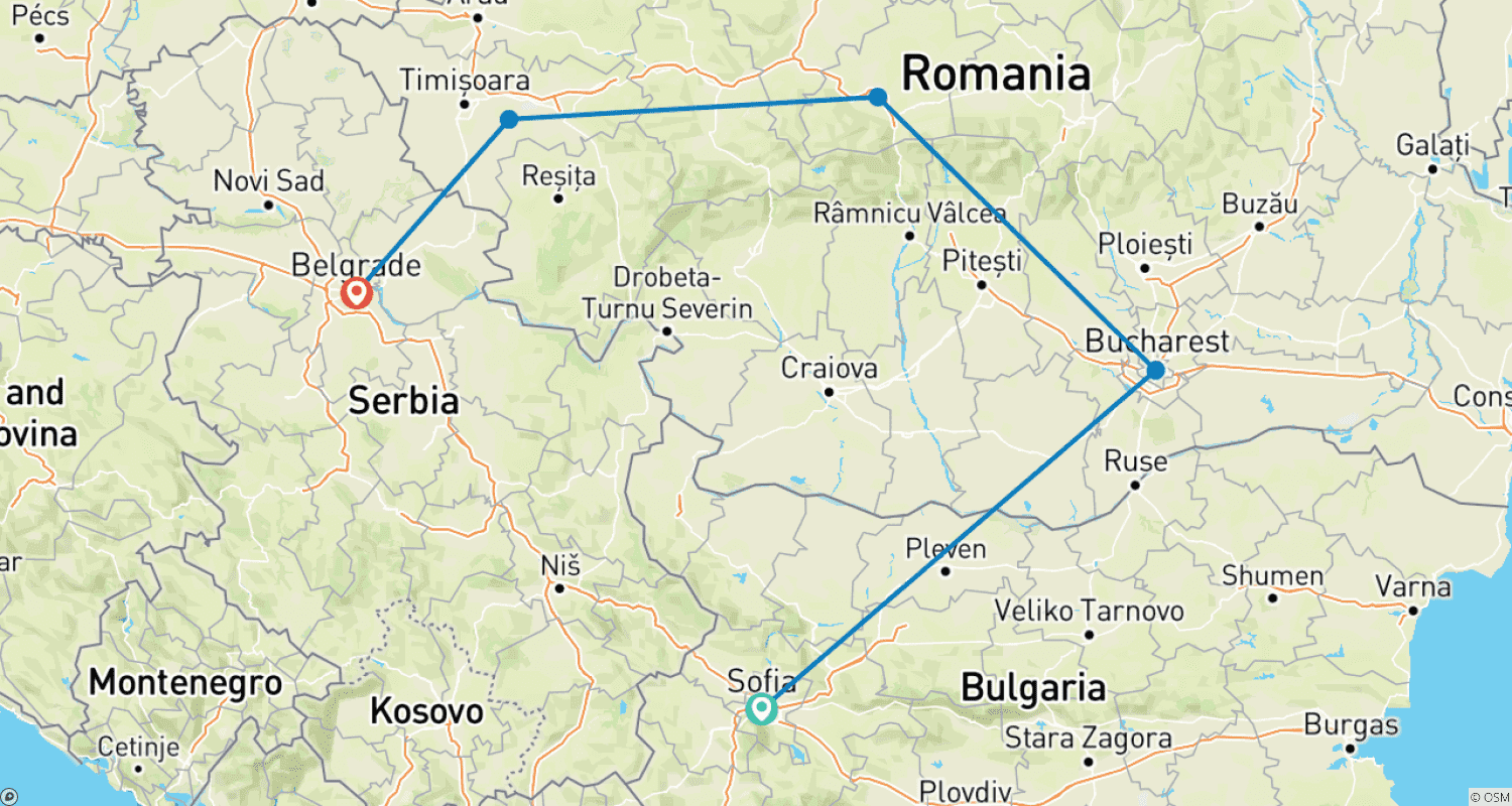 Mapa do percurso de Sofia para Belgrado via Transilvânia, Excursão em grupo pequeno, Bulgária - Romênia - Sérvia