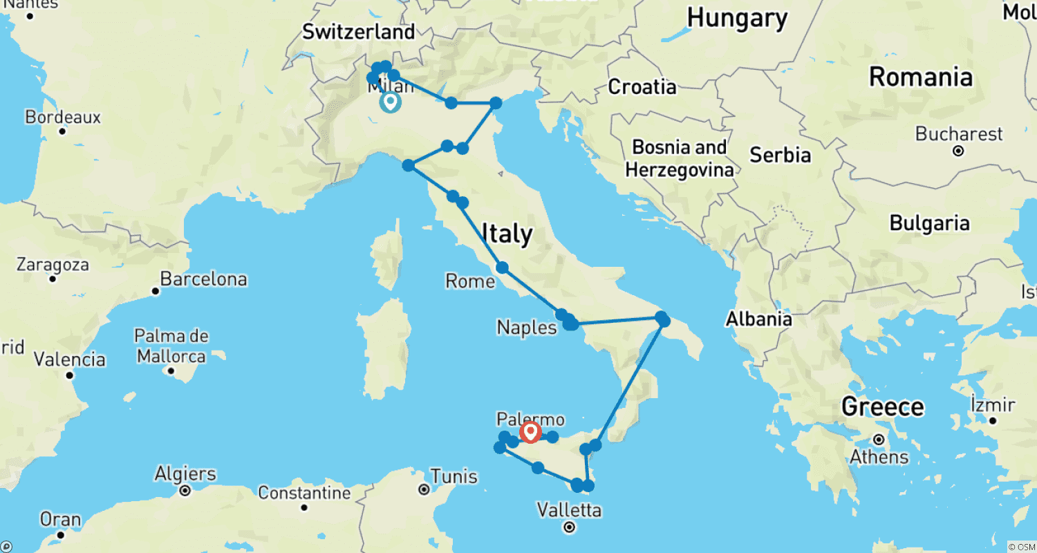 Mapa do percurso de The Grand Tour - A 29-day Full Italian Experience through history, flavors and scenic wonders