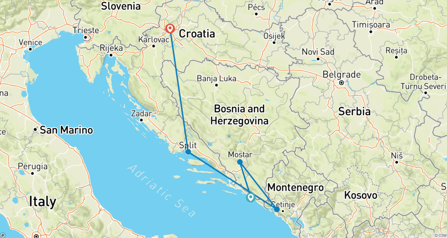 Mapa trasy: Najlepsze z Dalmacji i (Bled – Plitwice) Wycieczka częściowo w małej grupie Chorwacja, Bośnia, Czarnogóra, Słowenia