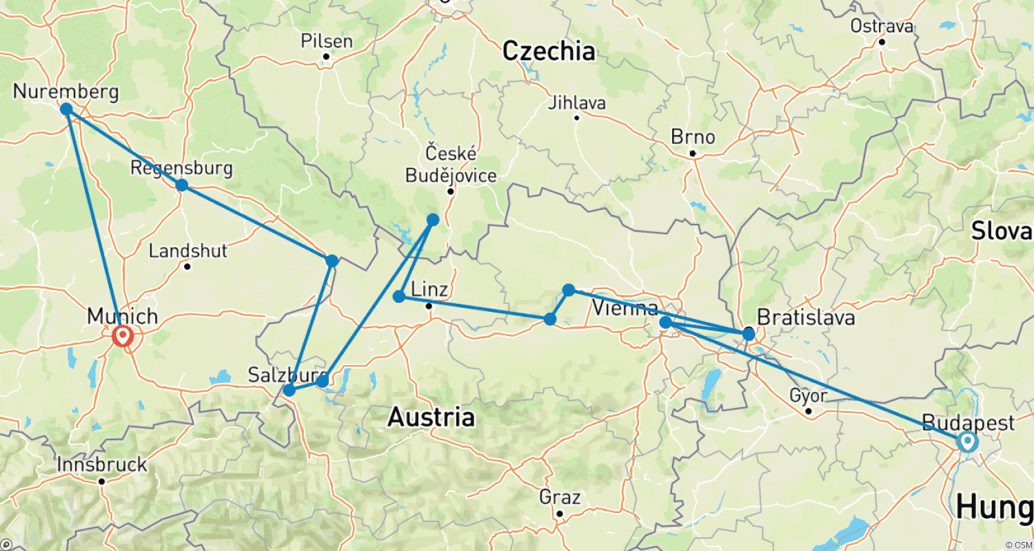Mapa trasy: Delightful Danube Budapest → Munich (2026)