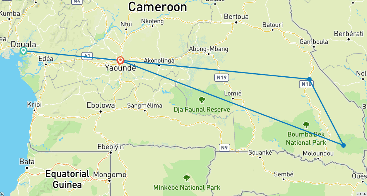 Mapa do percurso de Opção 3 – Aventura, Natureza e Descoberta na África Central 8 Noites / 9 Dias