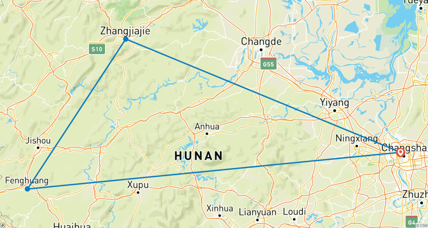 Mapa do percurso de 7 Dias de Descoberta das Margens do Rio e Montanhas de Hunan (Guia Privado, Sem Grupo) Passeio Familiar Personalizável
