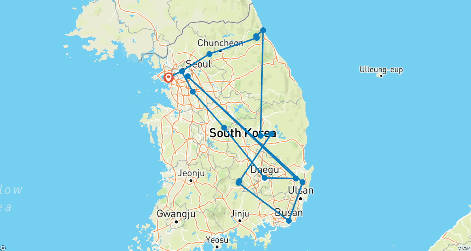 Discover South Korea in 11 Days: From Historic Temples to Majestic Mountains and Beachesのルートマップ