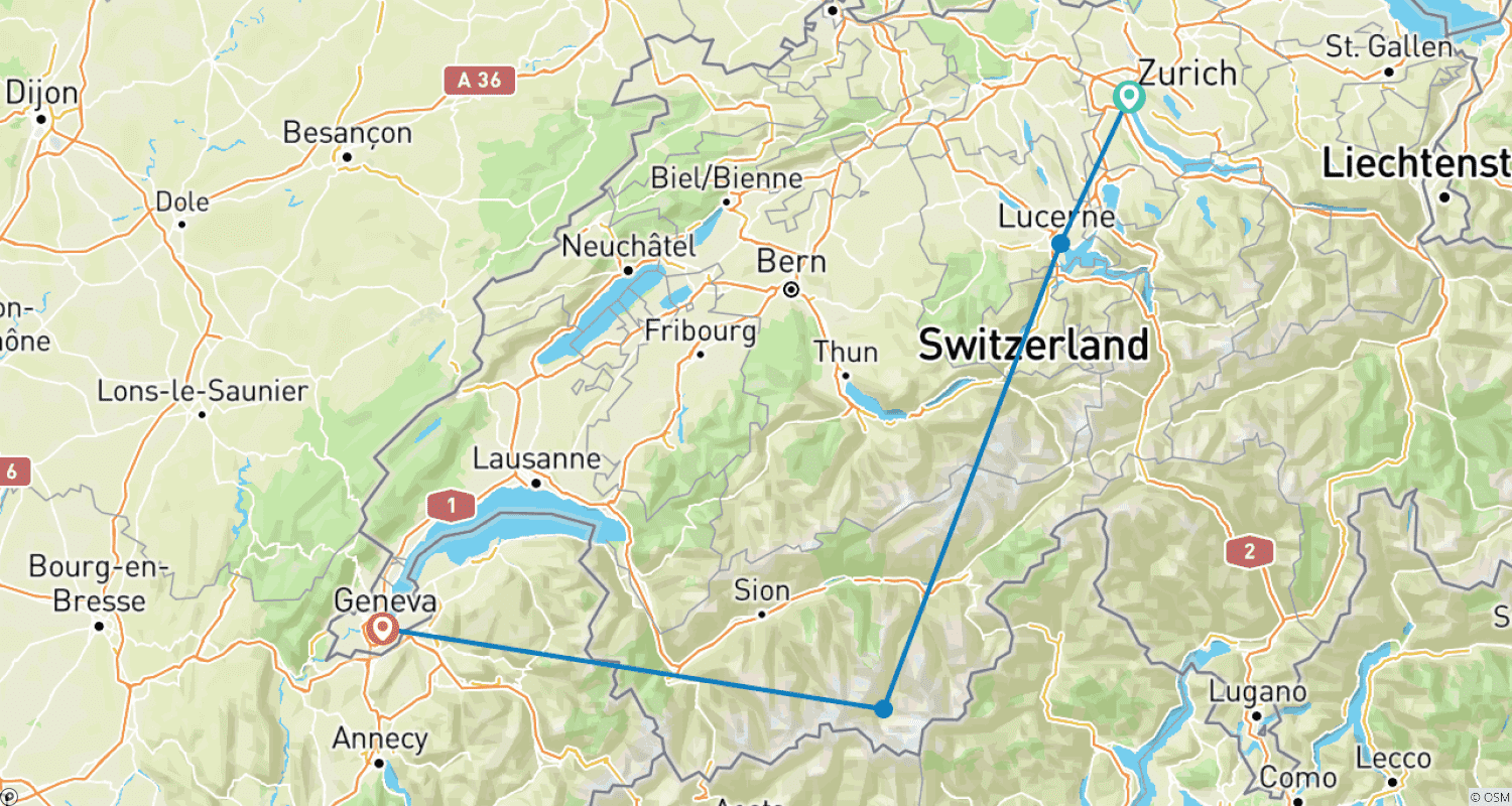 Ultimate Swiss Winter Escape – 10 Days / 9 Nightsのルートマップ