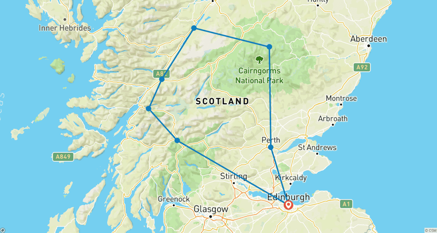 Mapa do percurso de De Edimburgo: Excursão de 1 Dia a Loch Ness, Glen Coe e às Terras Altas