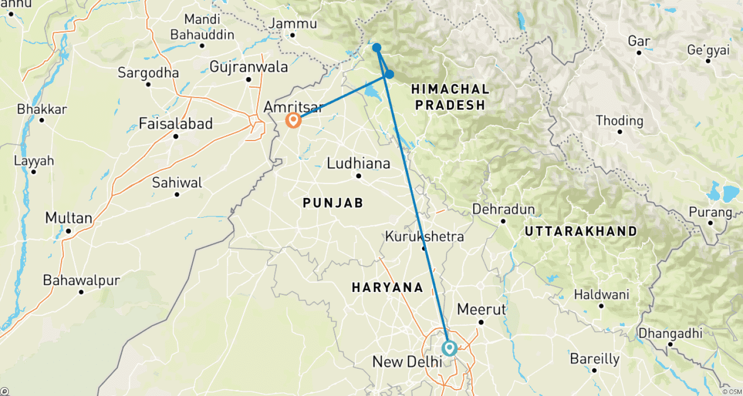 Mapa do percurso de North India: Delhi, Dharamshala & the Golden Temple