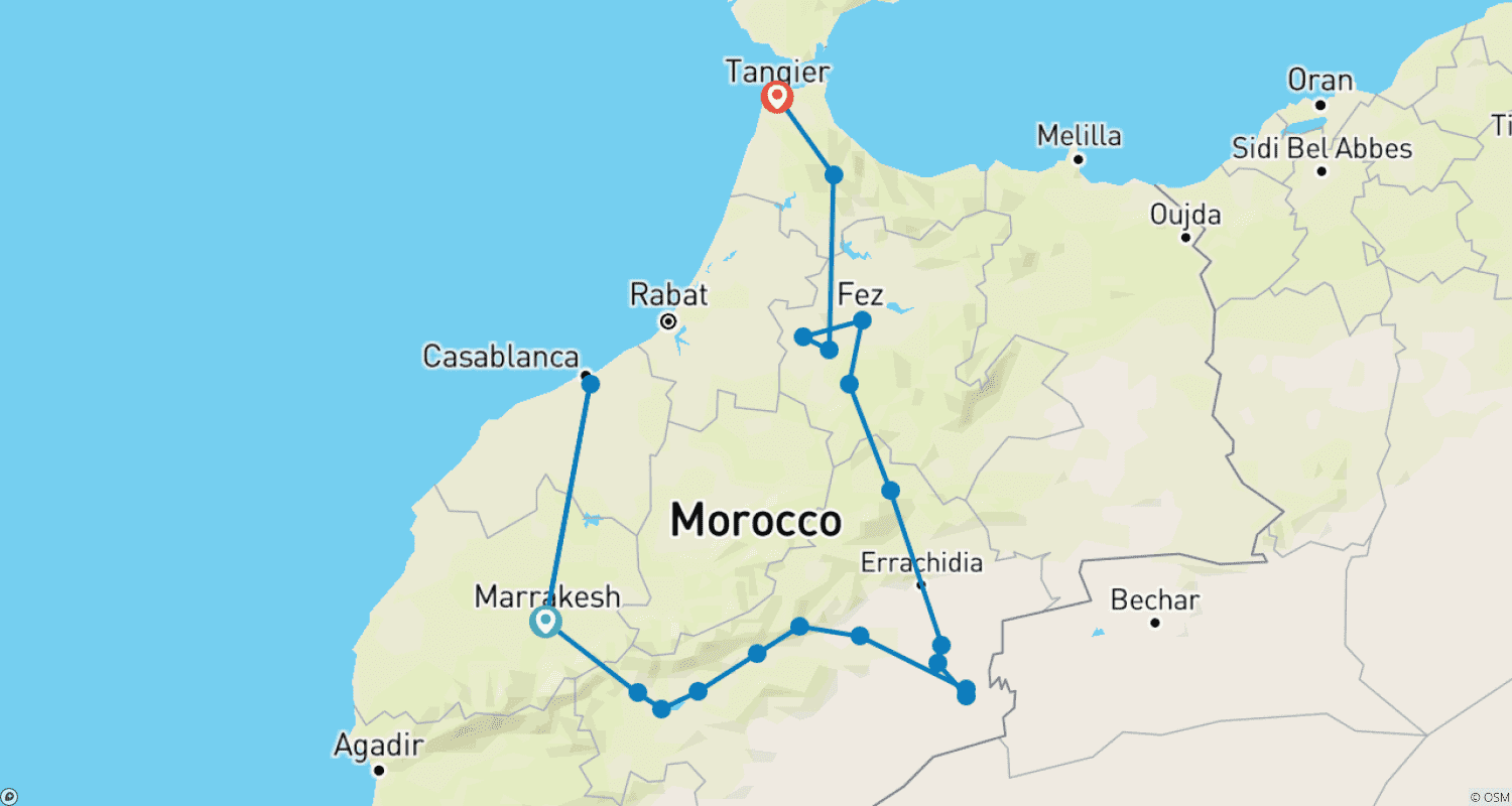 Mapa do percurso de 10 Dias Descobrindo Marrocos – Uma Jornada Equilibrada