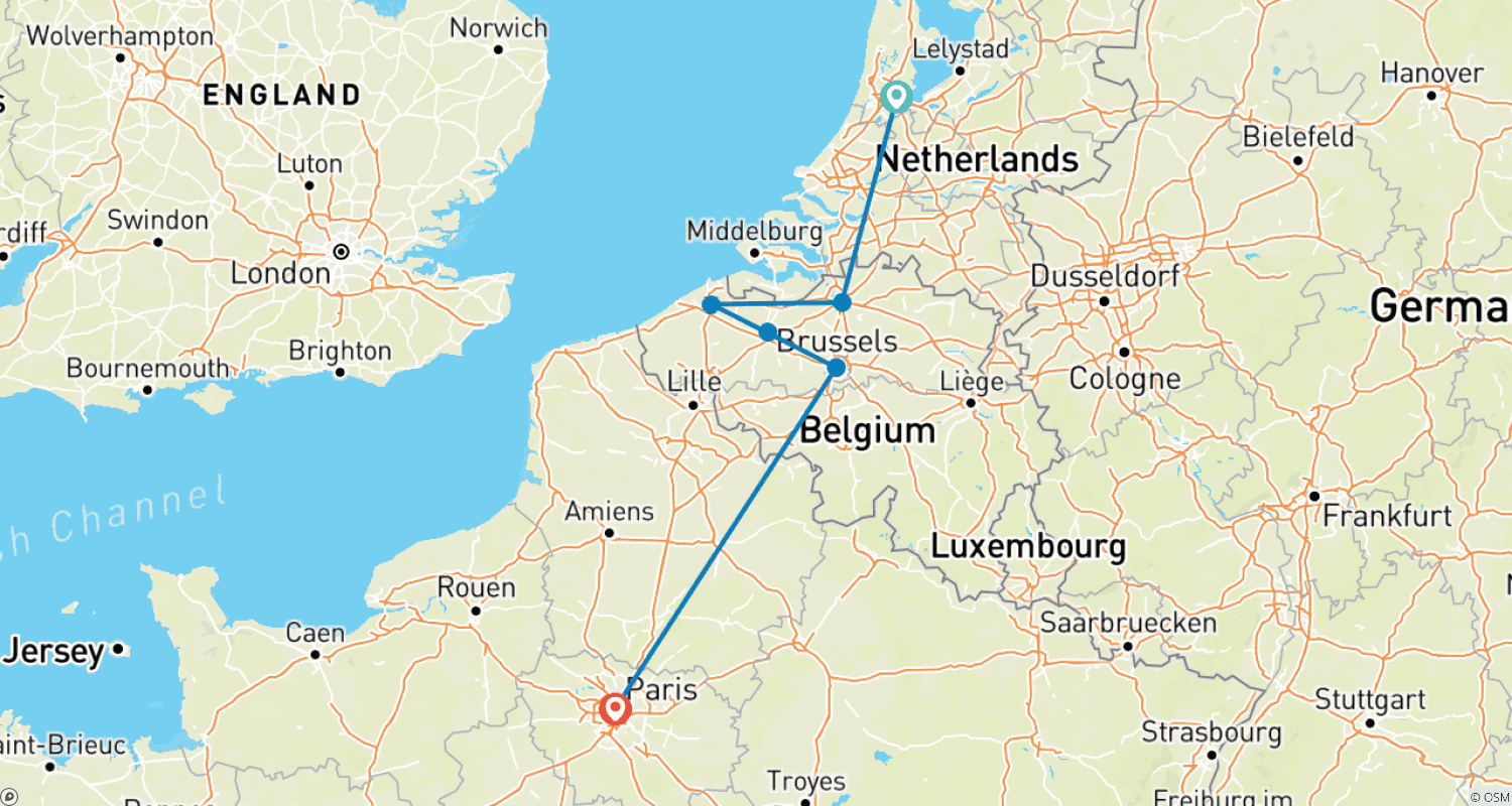 Mapa trasy: Ucieczka do Europejskich Stolic: Amsterdam, Brugia, Bruksela i Paryż – 9 Dni