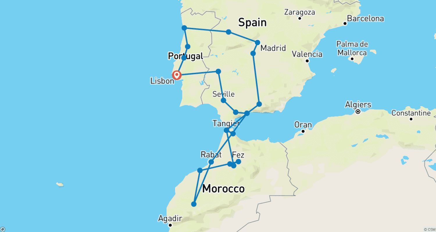 خريطة مسار Andalucia, Morocco & Porto From Lisbon - 15 days