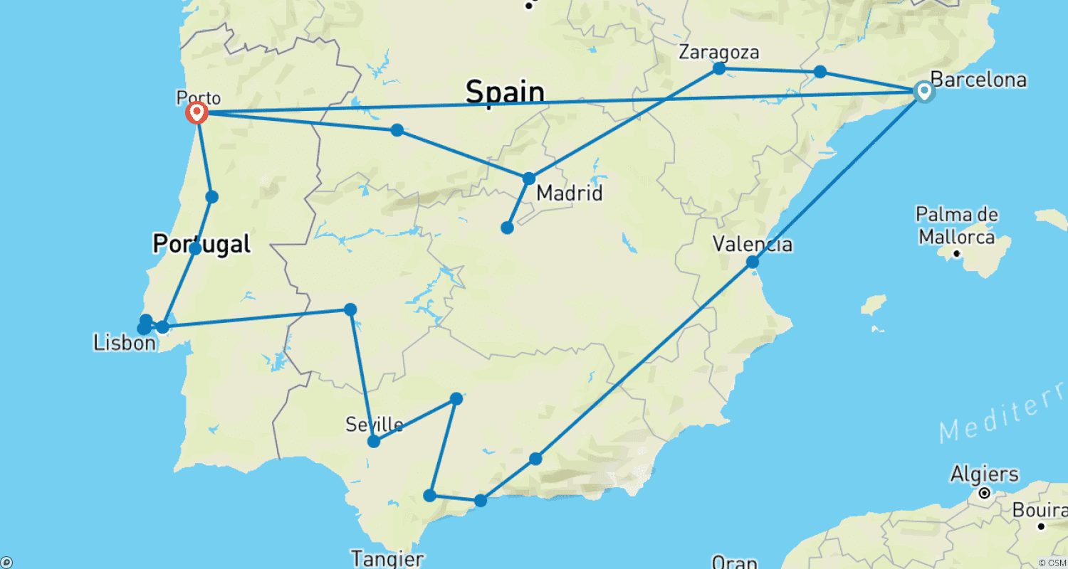 Mapa do percurso de Porto à Costa do Sol e Barcelona - 15 dias