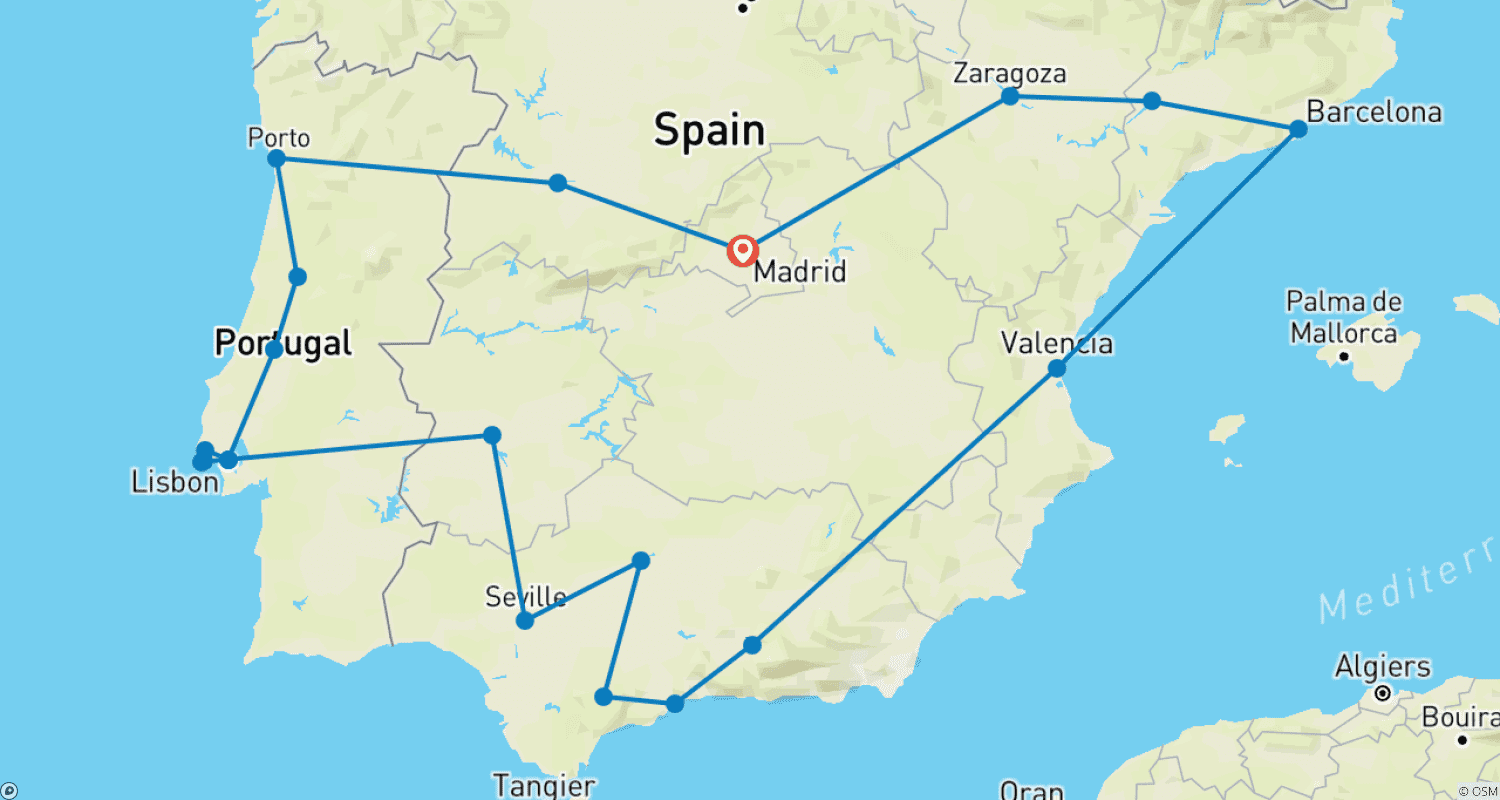 Mapa trasy: Najlepsze z Portugalii, Andaluzji i Barcelony - 13 dni