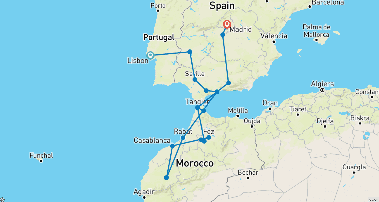 Mapa trasy: Lizbona, Andaluzja i Marrakesz - 12 dni