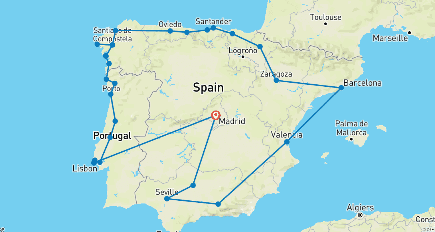 Mapa trasy: Najważniejsze punkty Półwyspu Iberyjskiego - 18 dni