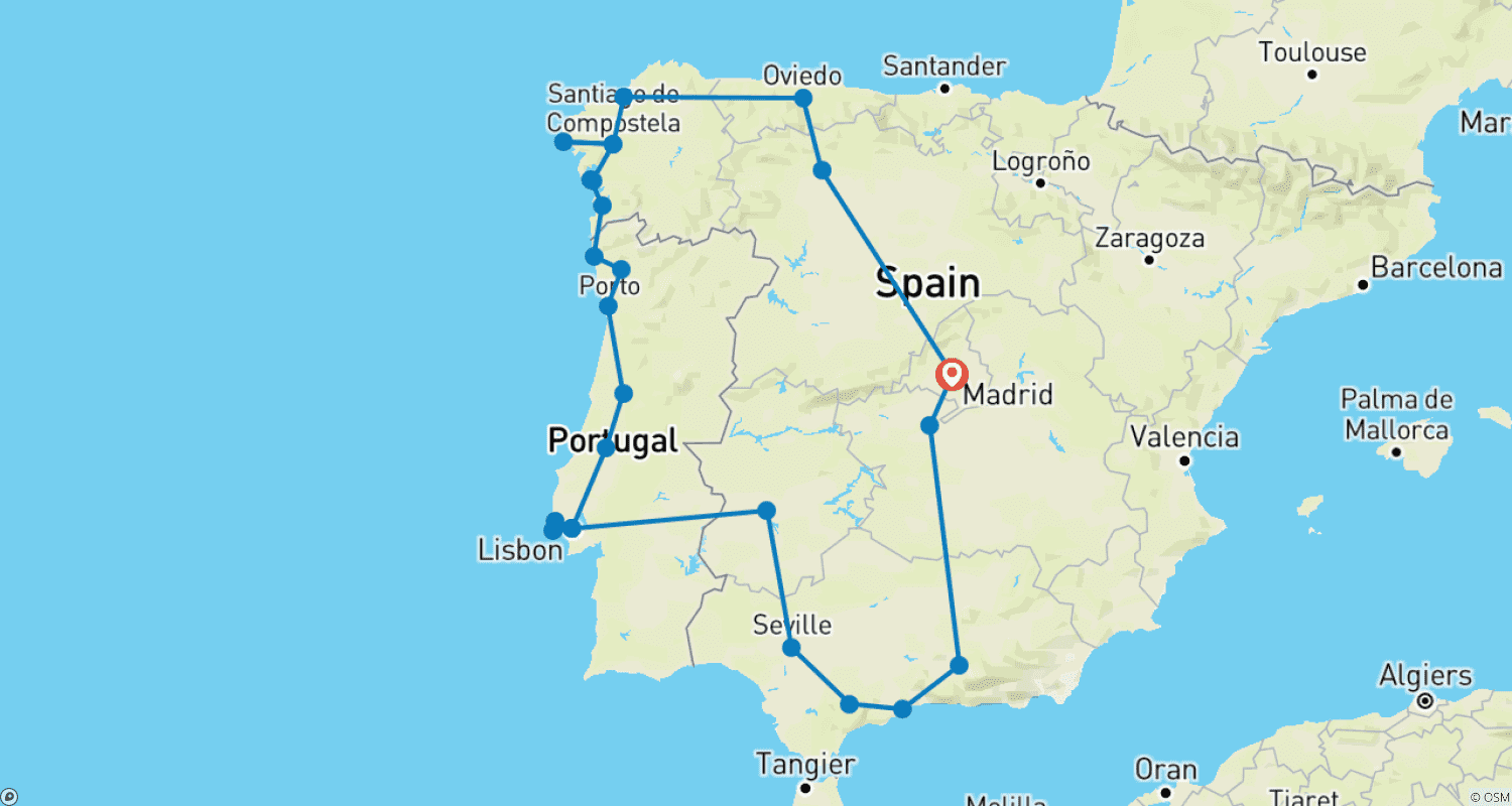 Mapa do percurso de Madrid a Galiza, Portugal e Andaluzia - 14 dias