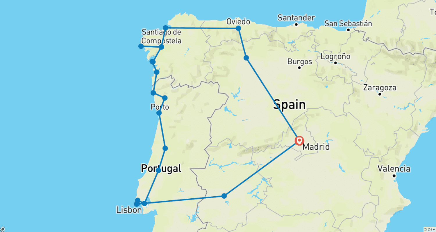 Mapa do percurso de Destaques da Galiza e Portugal - 10 dias