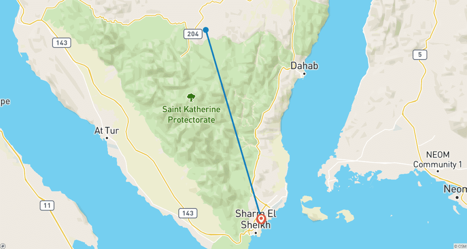 Mapa do percurso de Aventura Noturna de 2 Dias no Monte Sinai e Santa Catarina a partir de Sharm El Sheikh