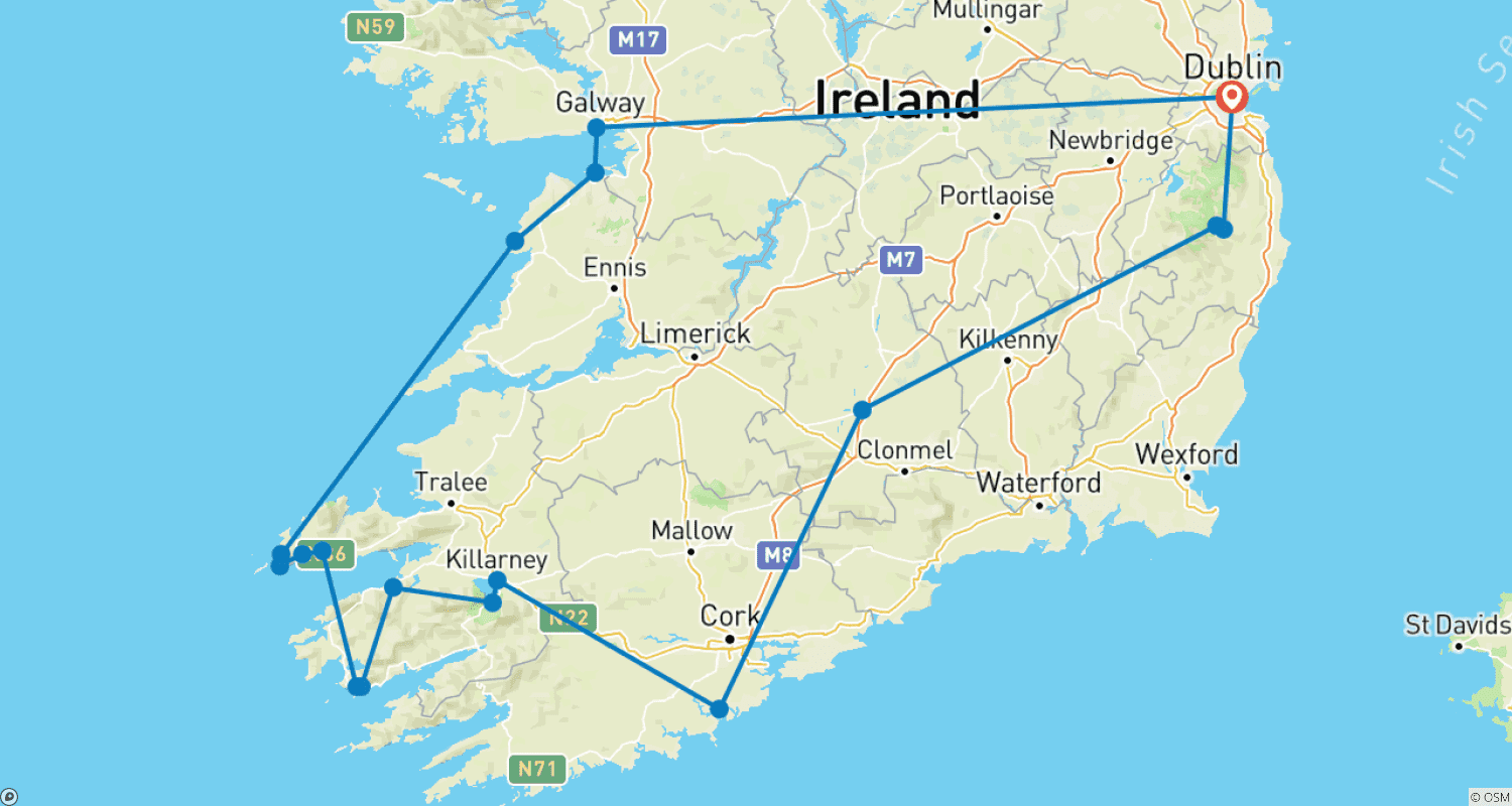 Mapa do percurso de Aventura autoguiada de carro e caminhada de 8 dias no Sul da Irlanda