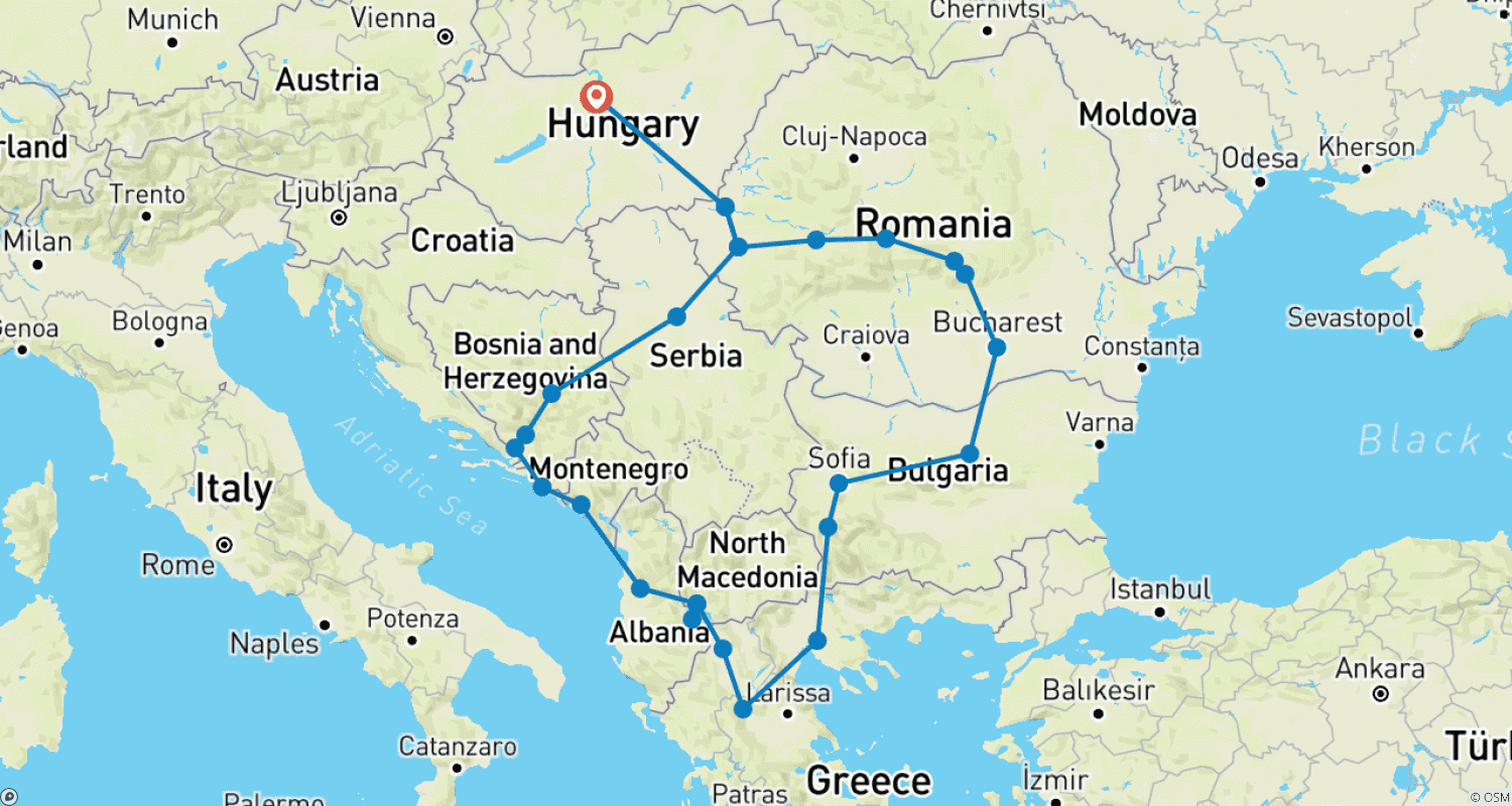 Budapest to Budapest Grand Balkan Cycle Small group tourのルートマップ