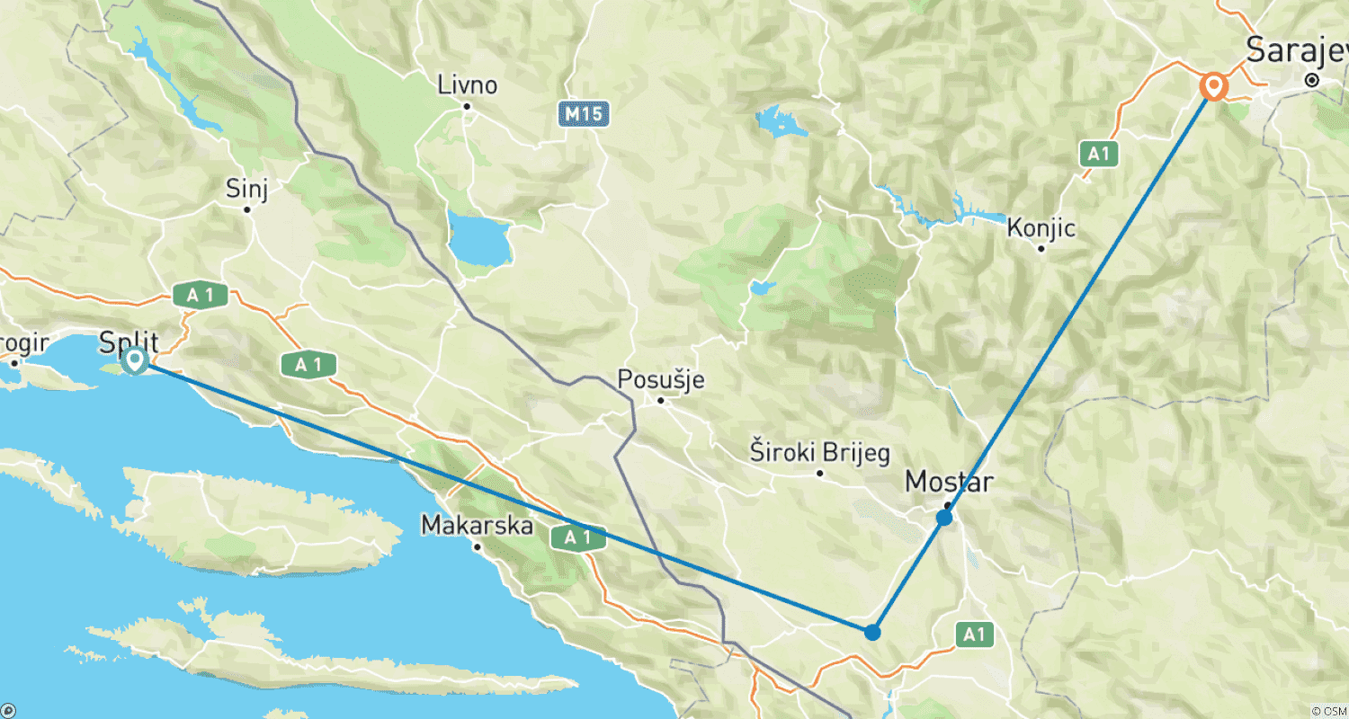 Mapa do percurso de DESCOBERTA DA BÓSNIA E HERZEGOVINA - De Split ou Dubrovnik