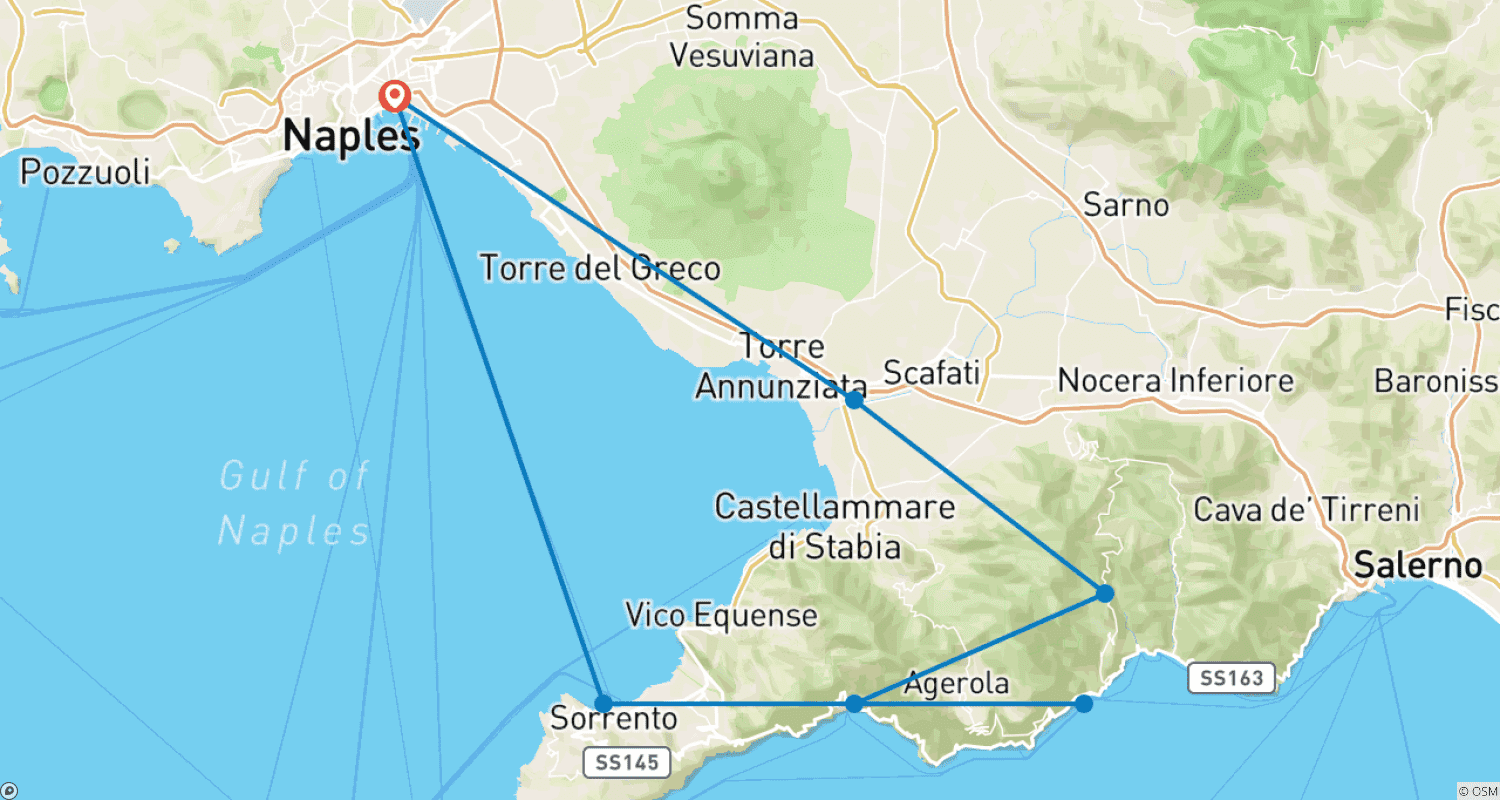 Mapa do percurso de Descubra Sorrento, a Costa Amalfitana e Pompeia em 3 Dias
