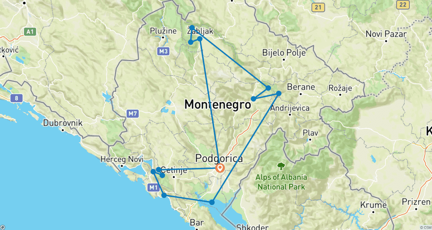 Montenegro Scenic Multi-Activity Self-Drive Road Trip – 8 Days | Private Tourのルートマップ