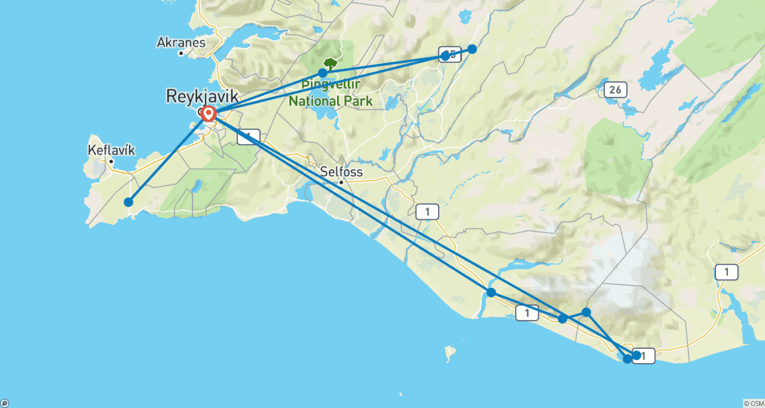 Mapa trasy: Ekskluzywna 3-dniowa wycieczka wellness z atrakcjami, wejściami do lagun geotermalnych i hotelem