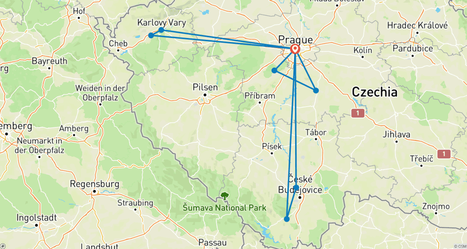 Mapa trasy: Bohemian Castles from Prague – 7 Days