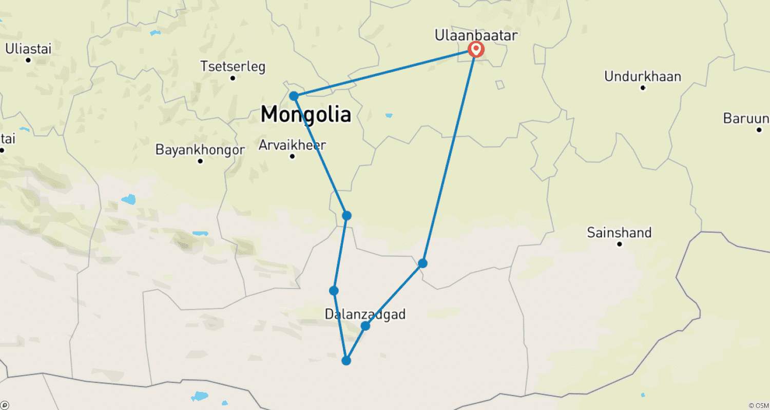 Mapa trasy: Gobi Desert Adventure 6 Days Tour