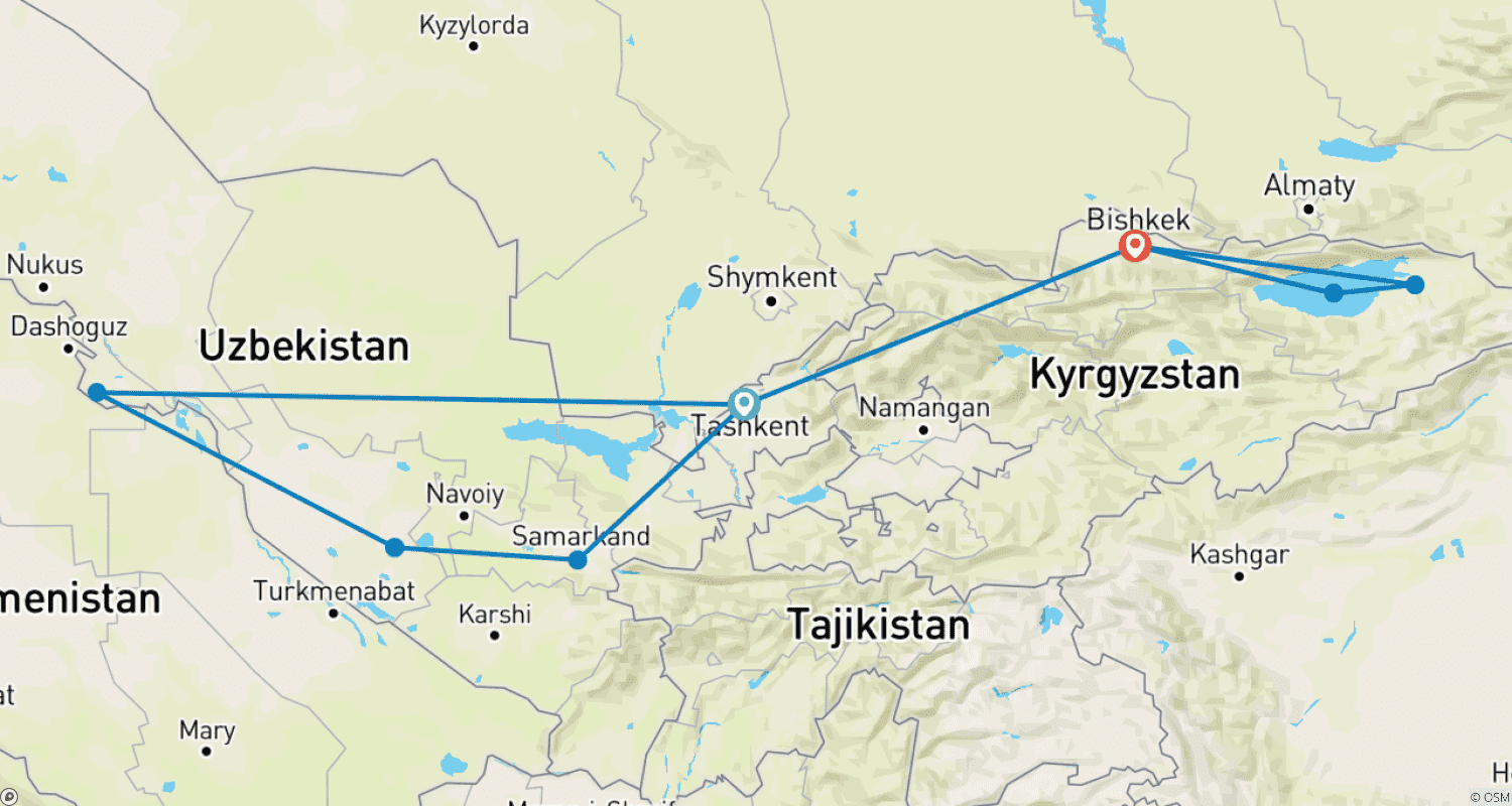 Uzbekistan & Kyrgyzstan discovery tour 15 Dayのルートマップ