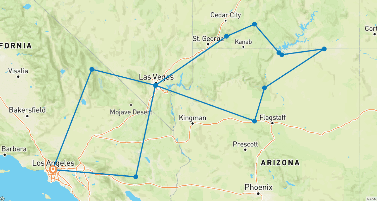 Mapa trasy: 5-dniowa wycieczka: Wielki Kanion, Antelope Canyon, Bryce, Zion, Monument Valley, Joshua Tree i Dolina Śmierci z Los Angeles