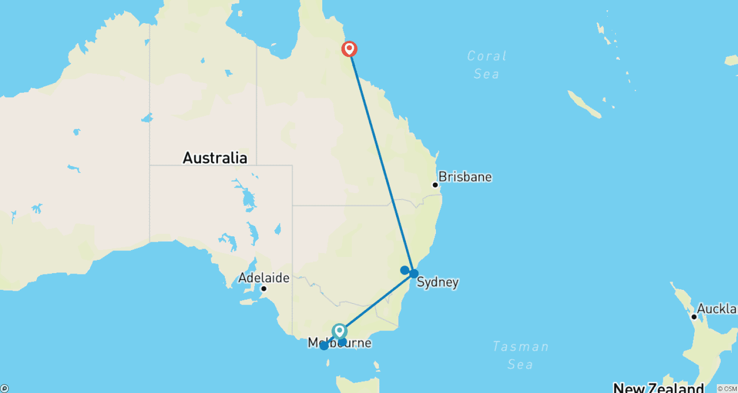 Mapa trasy: Introducing Australia – Melbourne, Sydney, Cairns