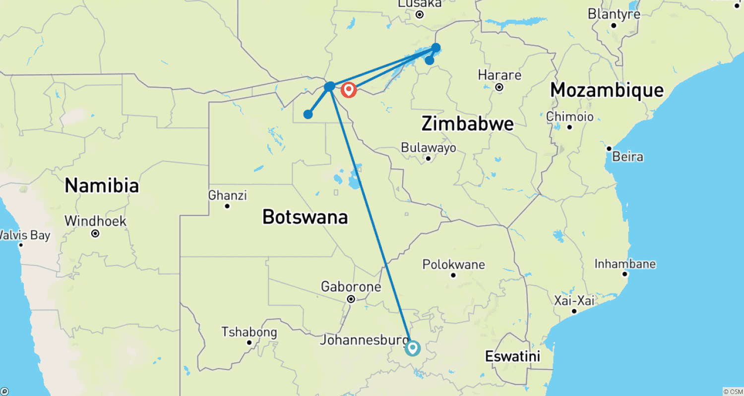 Mapa do percurso de Cruzeiro de Safári ao longo do Rio Zambeze - África do Sul, Botsuana, Namíbia, Zimbábue (cruzeiro de porto a porto) (13 destinos)