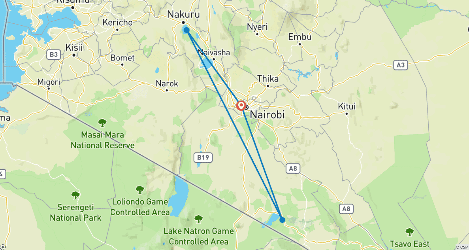 Mapa trasy: 6 Dni 5 Nocy Prywatne Safari Maasai Mara, Jezioro Nakuru i Amboseli