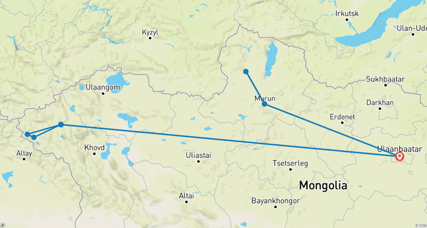 Mapa trasy: Od Plemienia Reniferów do Łowcy Orłów – 13-dniowa wycieczka