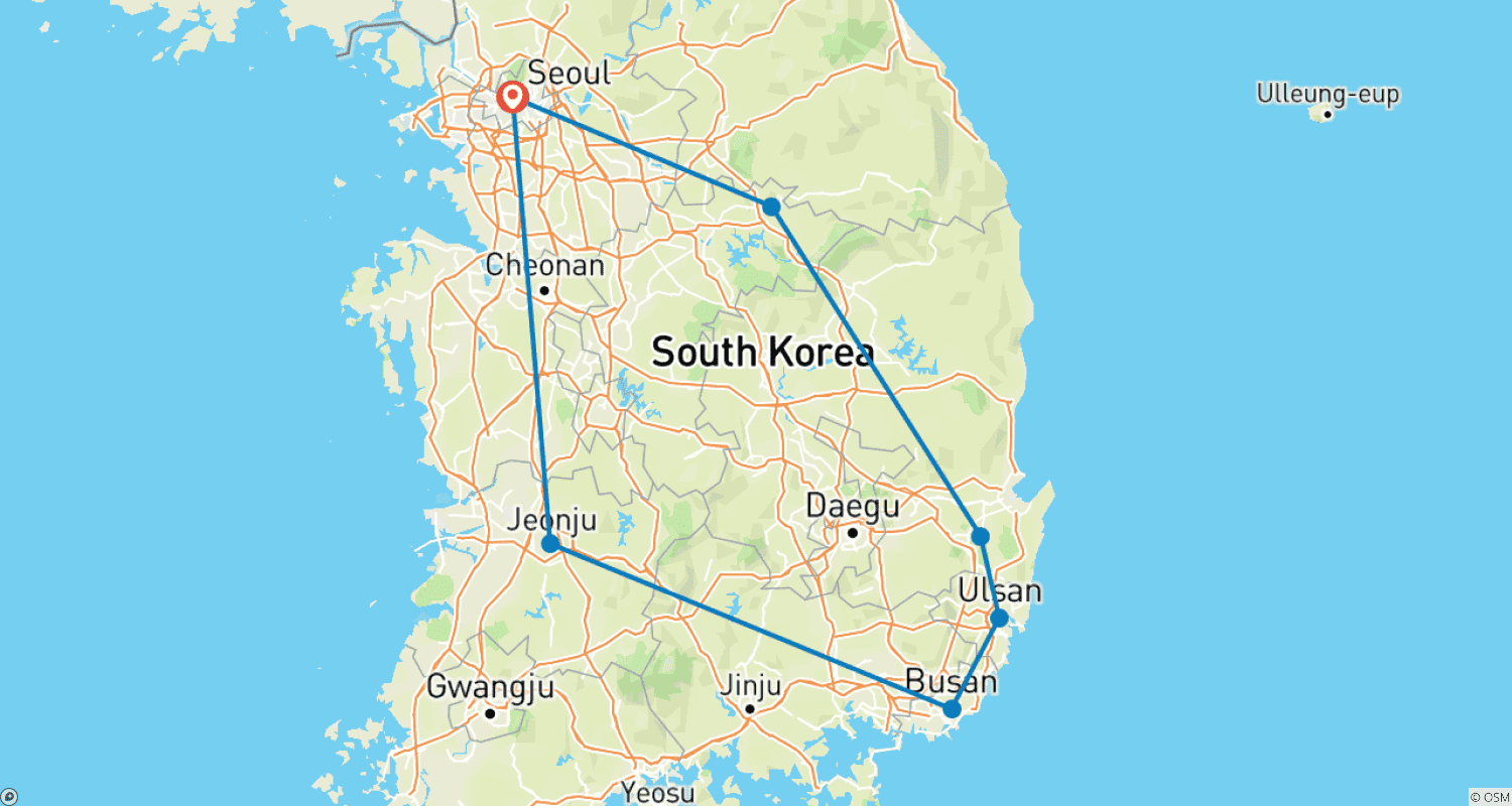 Korea Discovery Tour 10 Day - Goodmate Travelのルートマップ