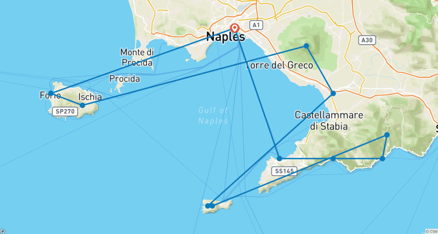 Mapa trasy: Podróż Wybrzeżem i Wyspami: Sorrento, Wybrzeże Amalfi, Capri, Pompeje i Ischia