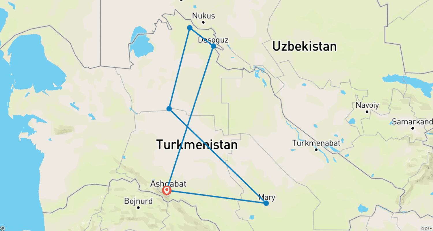5-day Turkmenistan Small Group Tourのルートマップ