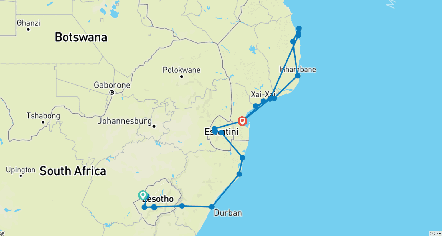 Mapa trasy: Szlak Zulusów – Lesotho, Republika Południowej Afryki, Eswatini, Mozambik