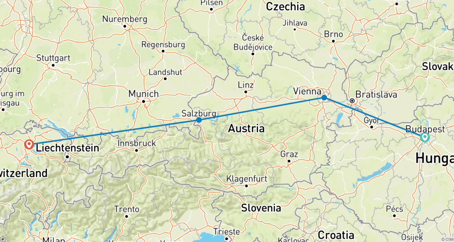Mapa do percurso de Do Danúbio aos Alpes: Budapeste a Zurique