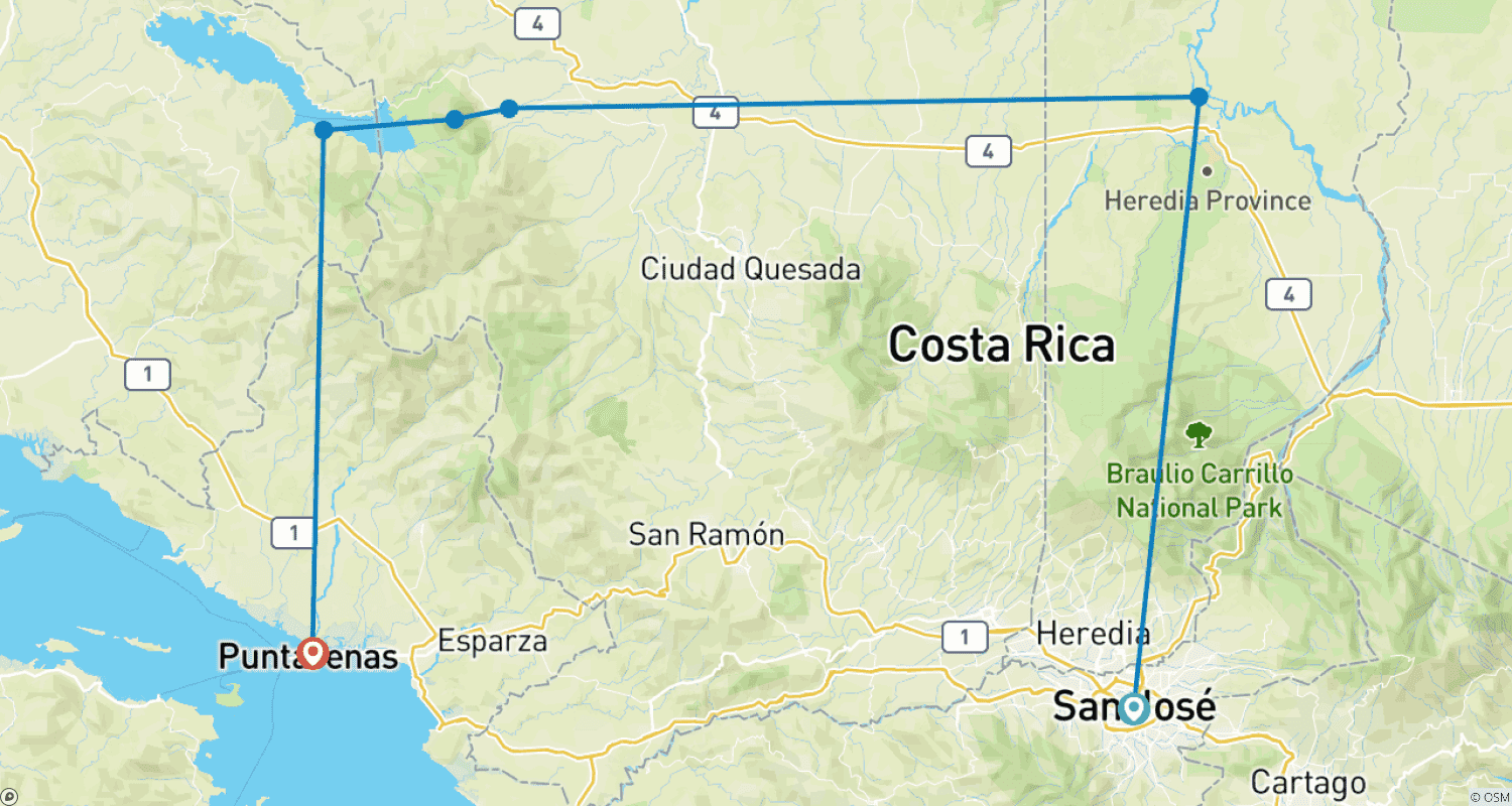 Costa Rica Active & Adventure - Rainforest, Wildlife & Beach Extension (incl. Flight)のルートマップ