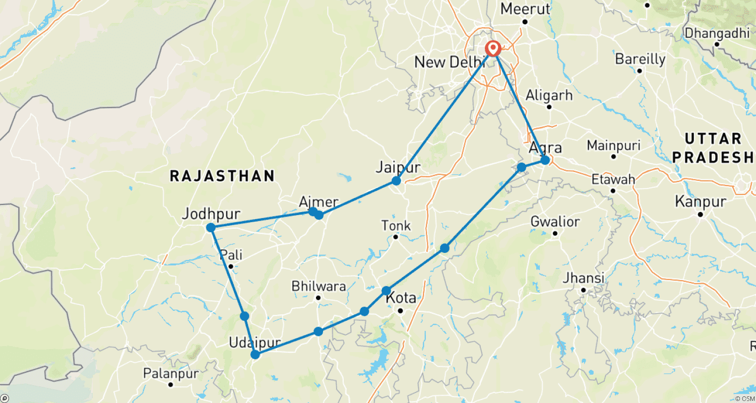 Mapa do percurso de Rajasthan Trails with Taj Mahal Tour By G Experiences