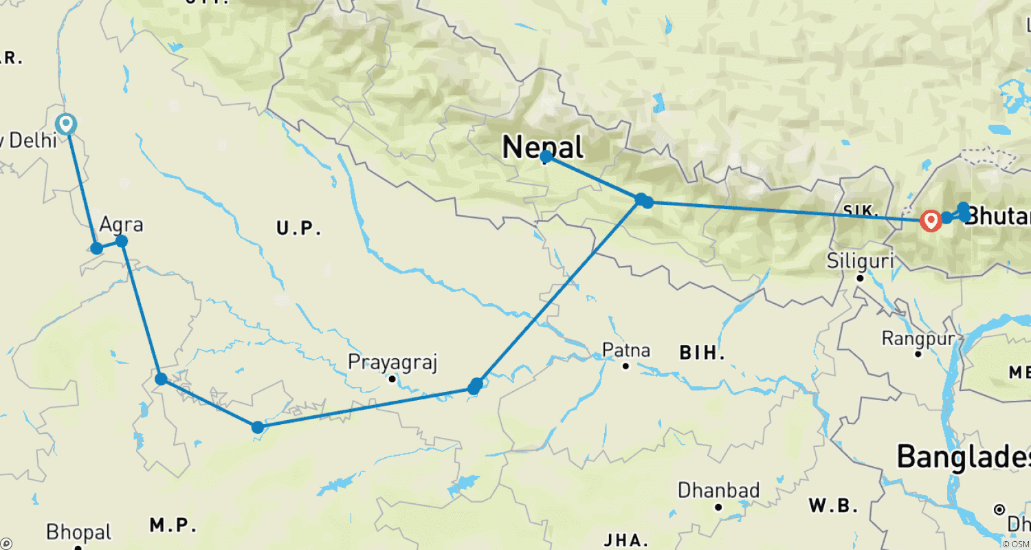 Mapa do percurso de Incredible India with Nepal & Bhutan Trails By G Experiences